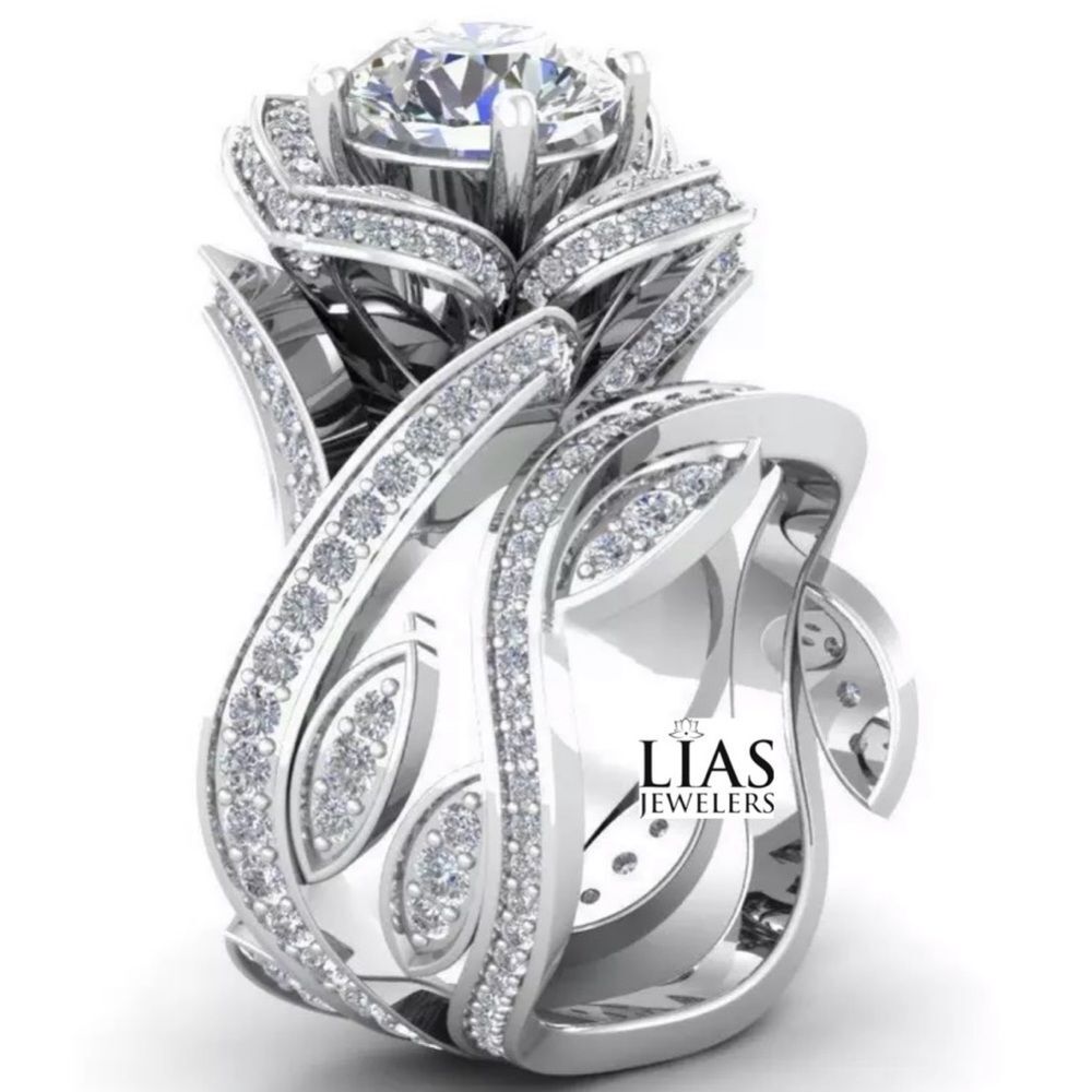 New 18k white gold wedding ring set rose flower
